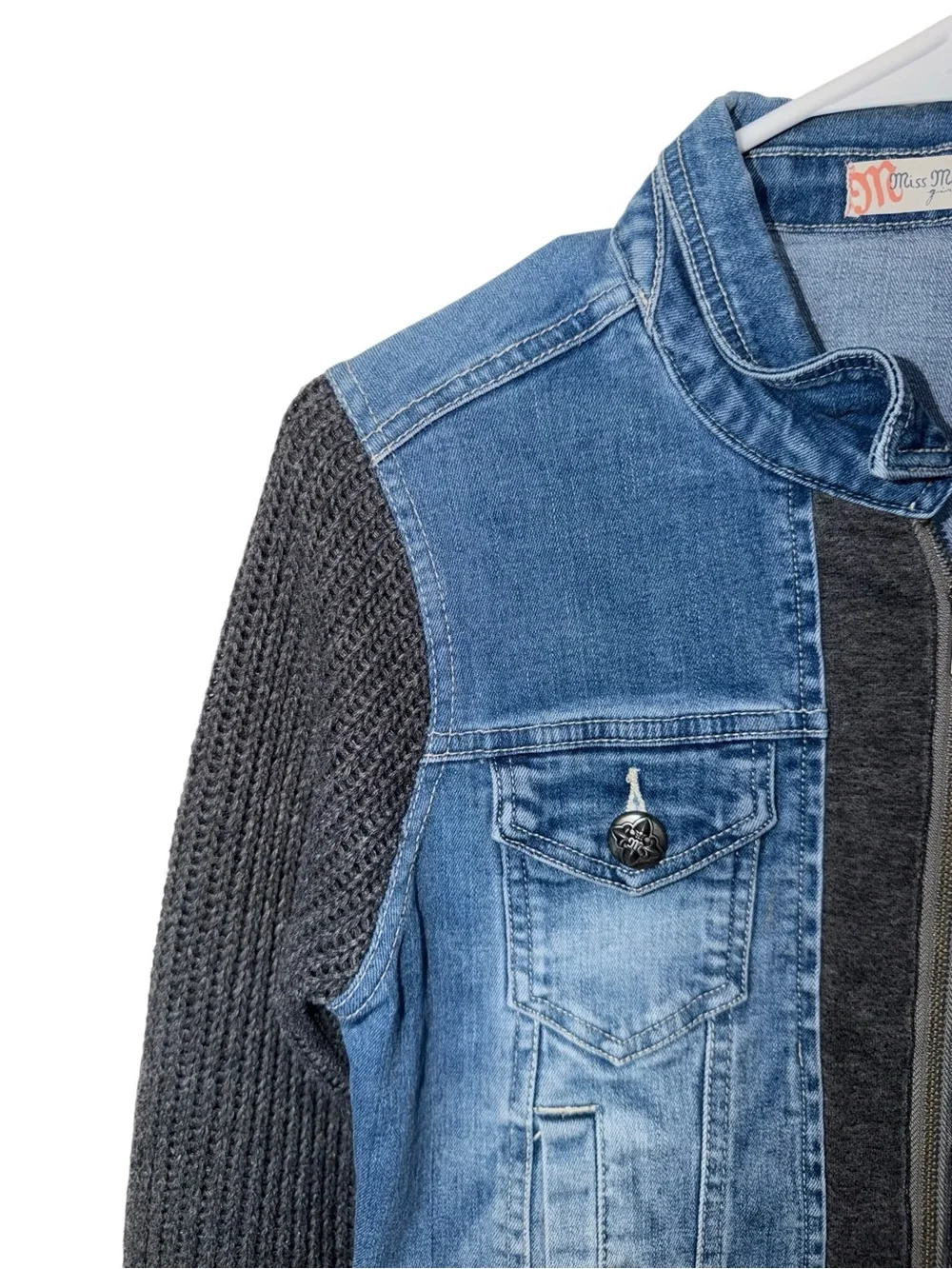 Miss Me Blue Denim Jacket with Charcoal Knit Sleeves
